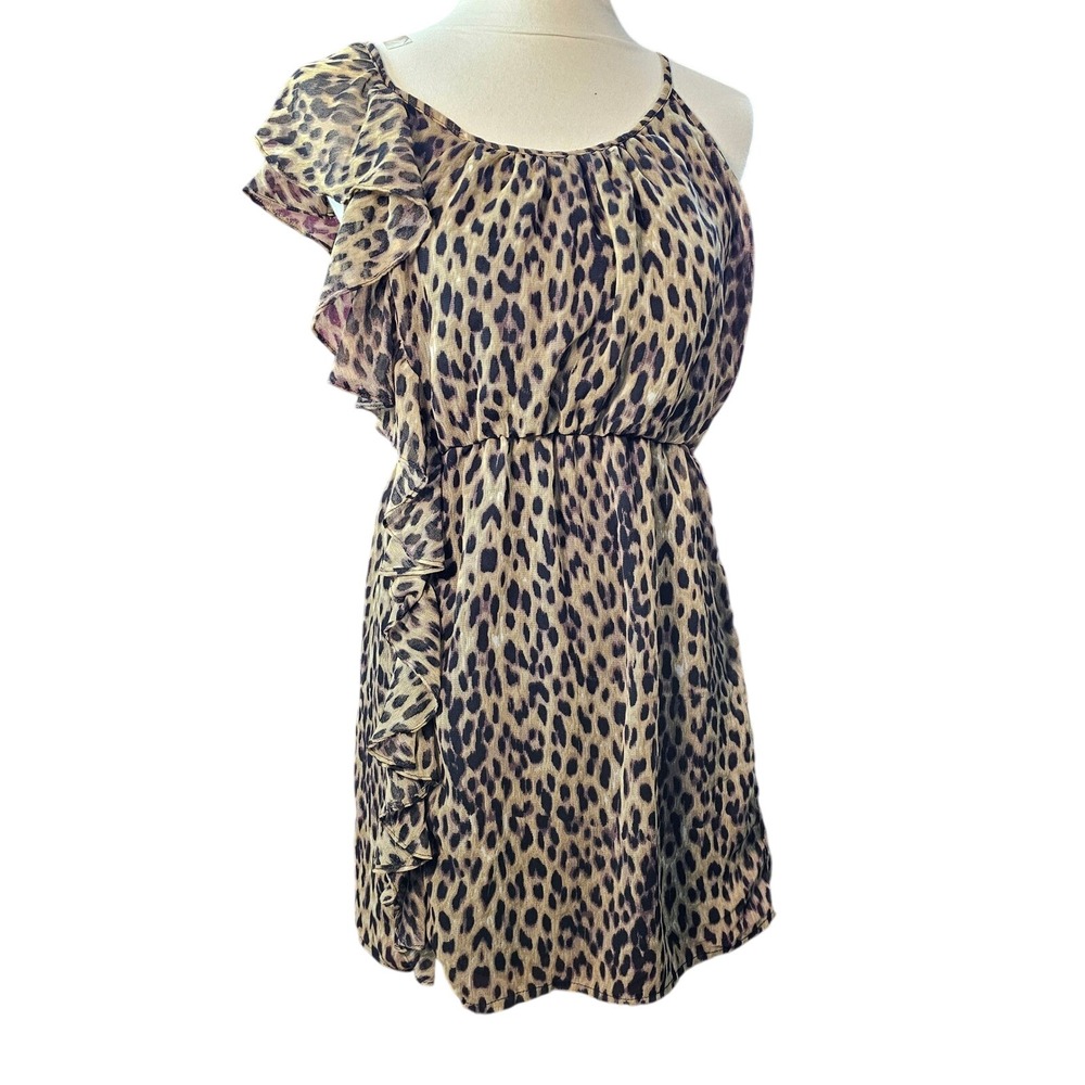Angie Womens Leopard Print One Shoulder Ruffle Mini Dress Brown Black Small